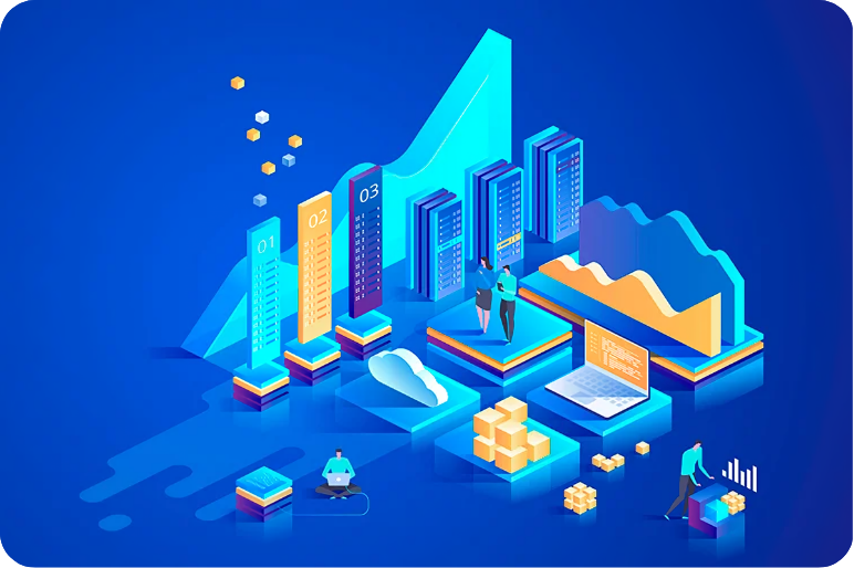 Ilustración digital en 3D de análisis de datos e inteligencia empresarial en vista isométrica. Muestra un gráfico de barras ascendente, servidores de datos, una computadora portátil con gráficos y figuras humanas abstractas interactuando con estos elementos.