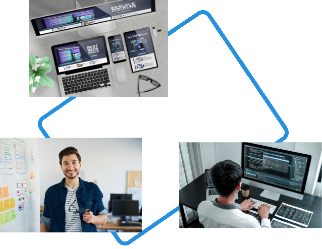 Tres imágenes mostrando dispositivos electrónicos, una persona usando una computadora y una persona satisfecha.